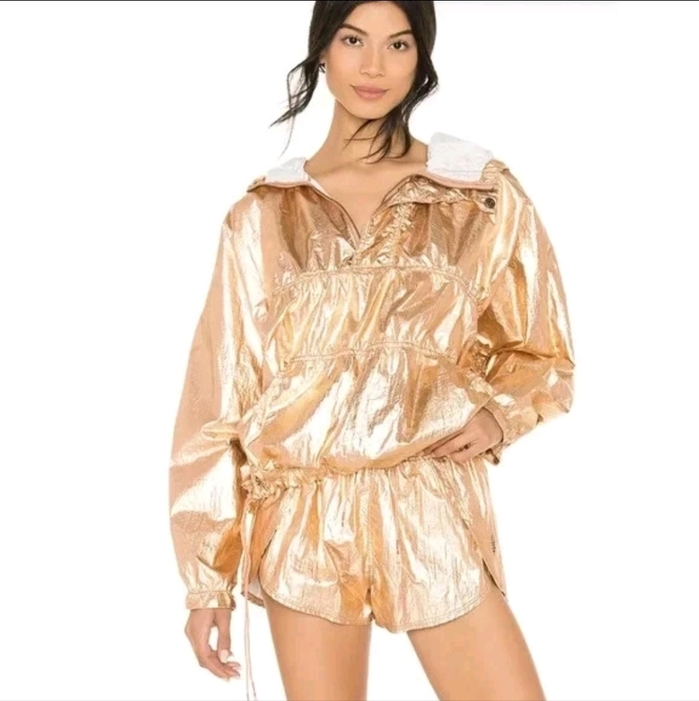 Free People Fp Movement Wind Jammer Jacket Hoodie Zipper Gold Rose Small XS